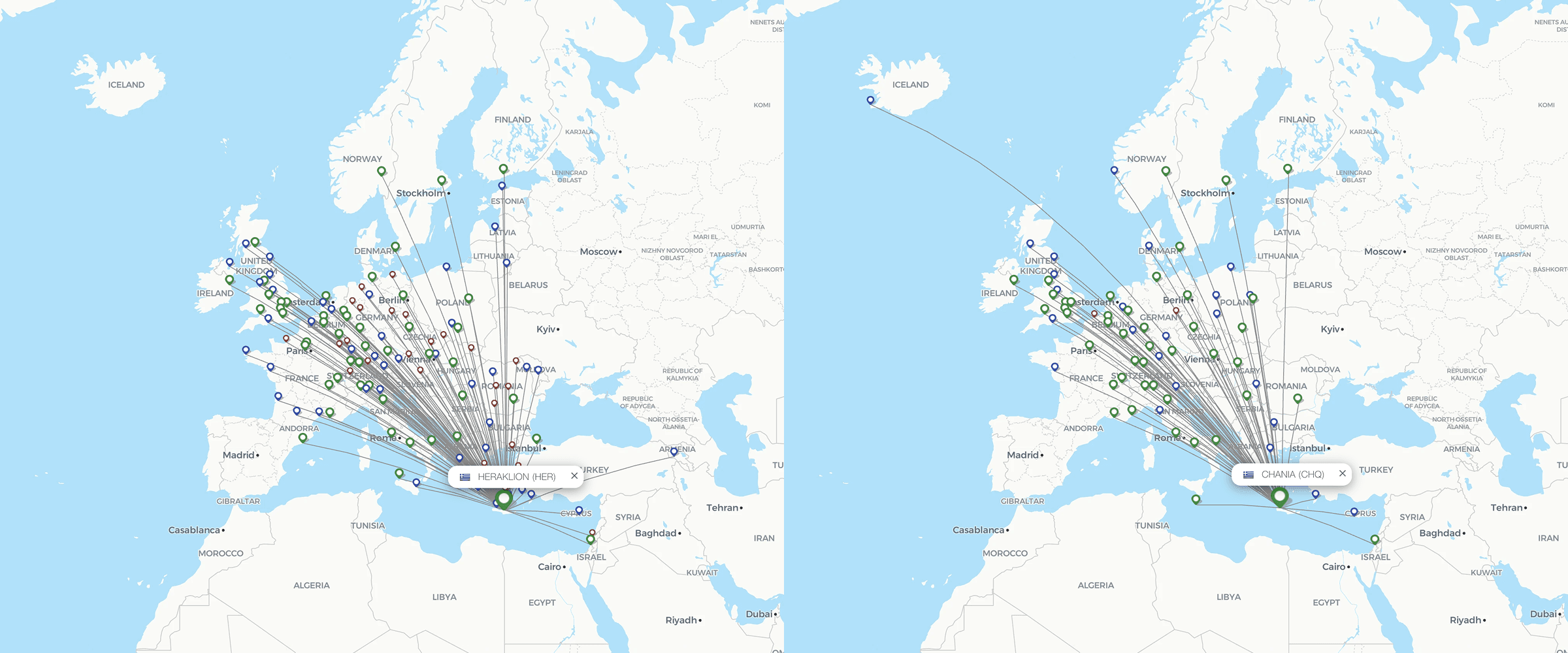 Mapas de las rutas de vuelos directos desde toda Europa a Creta