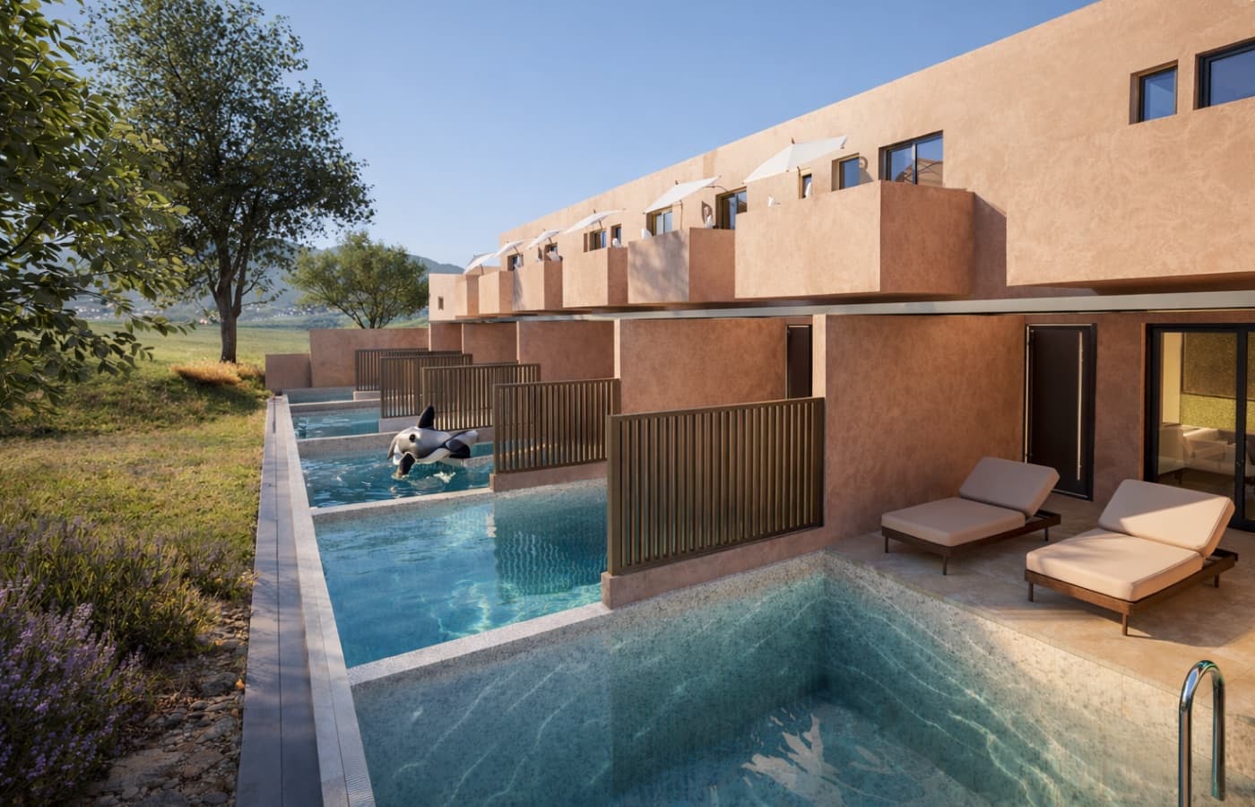 Render of the private pools and sun loungers in front of the Creta Hills residences