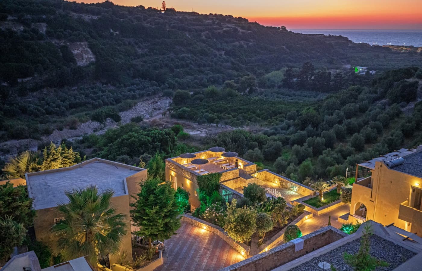 Evening view over RG Village Crete and the valley towards the sea